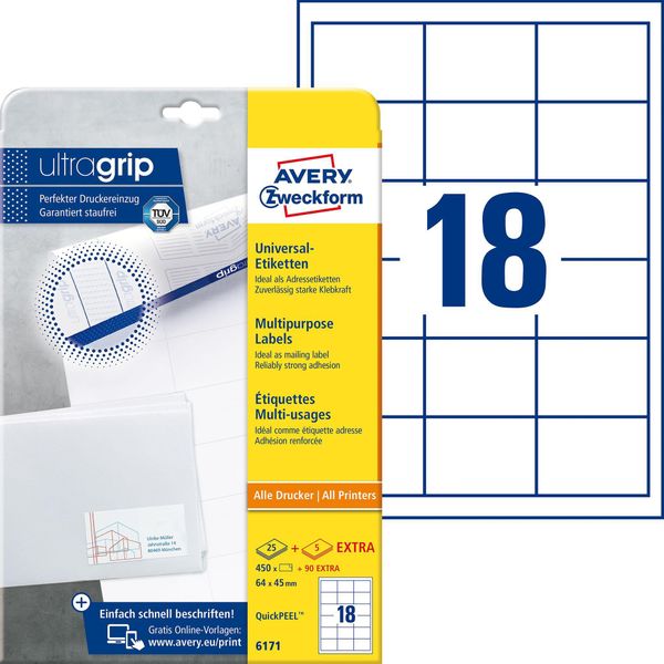 Avery Zweckform® 6171 6171 Etichette Universali Ultragrip - 64 X 45 Mm, Bianco, 540 Etichette, Permanenti-image