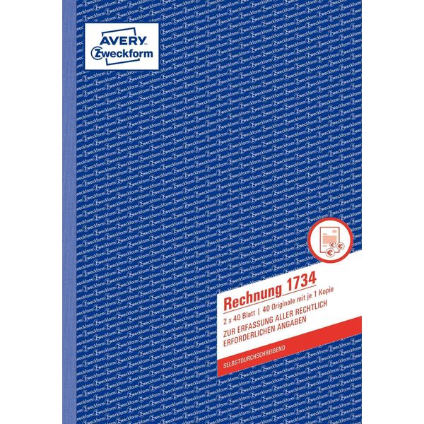 Avery Zweckform® 1734 1734 Fattura, Din A4, Autocopiante, 2 X 40 Fogli, Bianco/Giallo-image