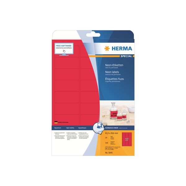 Herma 5045 5045 Etichette A4 Rosso Neon 63,5X29,6 Mm Carta Opaca 540 Pz.-image