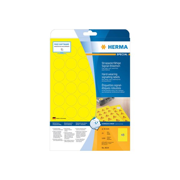 Herma 8034 8034 Etichette Di Segnalazione Resistenti A4 Ø 30 Mm Rotonde Giallo Pellicola Adesiva Forte Opaca Resistente Alle Intemperie 1200 Pz.-image