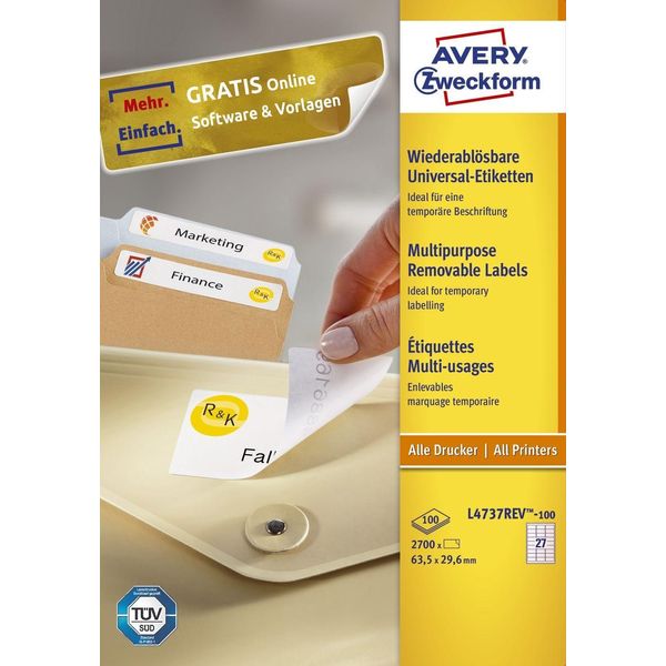 Avery L4737REV-100 - Bianco - Rettangolo Arrotondato - 63,5 X 29,6 Mm - A4 - Carta - Universale (L4737REV-100)-image