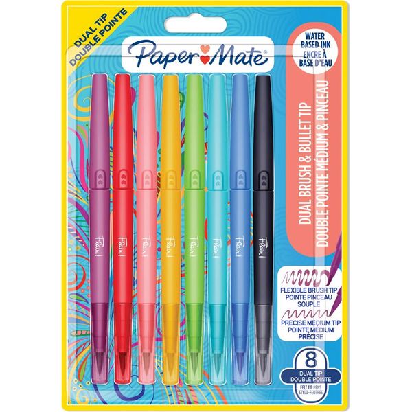 Paper:Mate 2199386 Paper:Mate Penne A Doppia Punta In Fibra Flair Dual Brush, Confezione Blister Da 8 Pezzi-image
