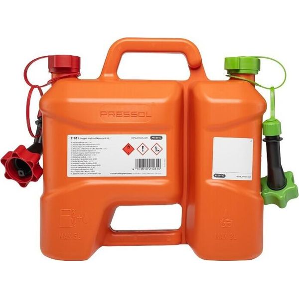 Tanica Combinata Pressol-5L+3L, Tubo Di Uscita In Pe | 5 Litri Di Carburante | 3 Litri Di Olio Per Catene | Hdpe (Polietilene Ad Alta Densità) | Colore Arancione-image