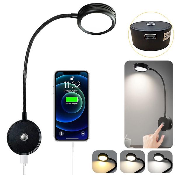 1X Lampada Da Lettura Da Parete, Lampada Da Parete A Led Da 12V Con Interruttore, Lampada A Collo D'oca Da Parete Nera, Luce Da Lettura Dimmerabile Per Camper Caravan Barca-image