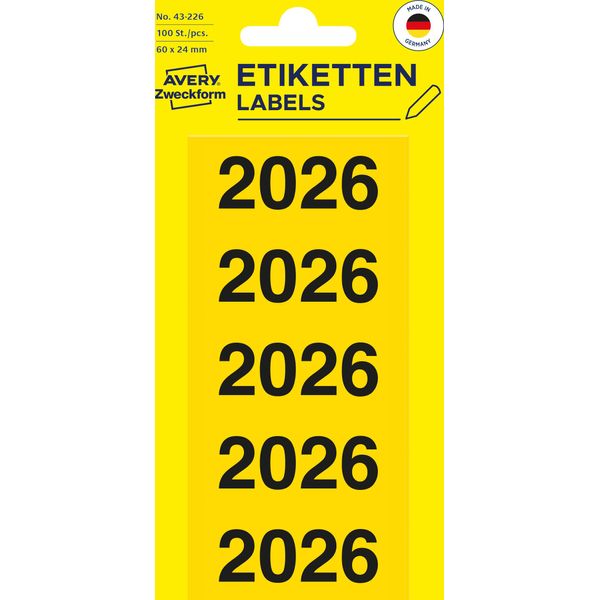 Avery Zweckform 43-226 Avery Zweckform Ordner-Inhaltsschild "2026"", 60X26 Mm, Gelb"-image