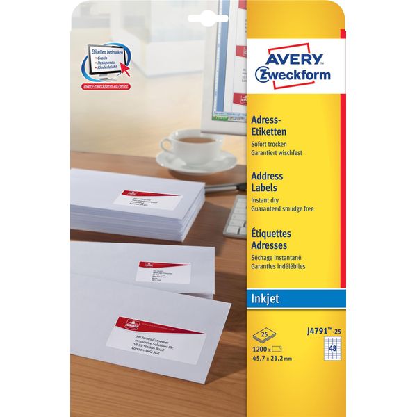 Avery Zweckform® J4791-25 J4791-25 Etichette Per Indirizzi - 45,7 X 21,2 Mm, Bianco, 1.200 Etichette/25 Fogli, Permanente, Etichetta Mittente-image