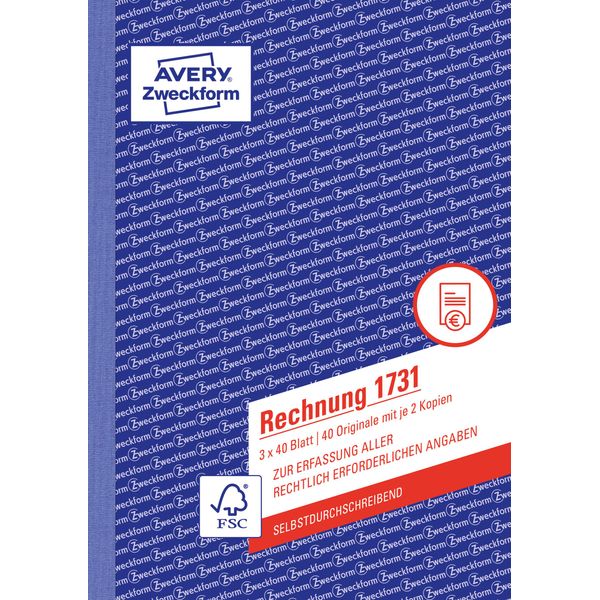 Avery Zweckform® 1731 Fattura, Din A5, Autocopiante, 3 X 40 Fogli, Bianco, Giallo, Rosa-image