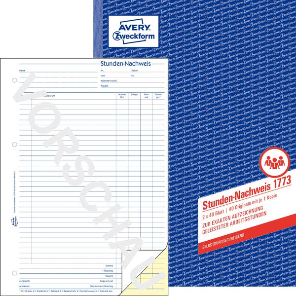 Avery Zweckform® 1773 Foglio Orario, Din A4, Autocopiante, 2 X 40 Fogli, Bianco, Giallo-image