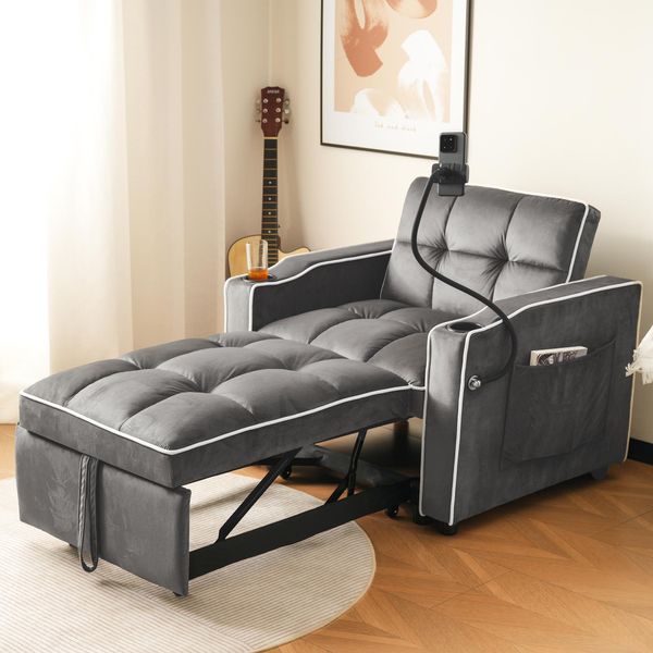 Divano Letto Merax Con Funzione Letto 3 In 1 Poltrona Lounge Con Porta Bevande E Porta Cellulare, Divano Reclinabile Estensibile, Grigio Scuro-image