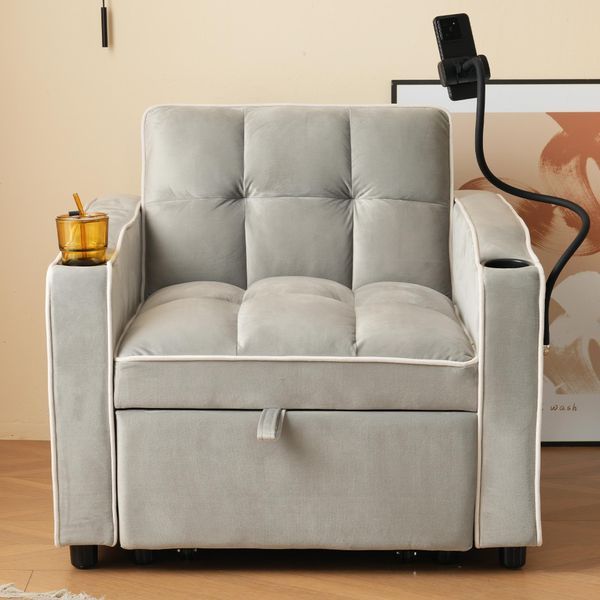 Divano Letto Merax Con Funzione Letto 3 In 1 Poltrona Lounge Con Porta Bevande E Porta Cellulare, Divano Reclinabile Estensibile, Grigio-image