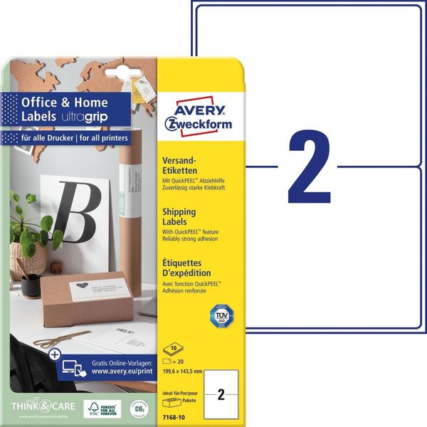 Avery Zweckform 7168-10 20 Avery Zweckform Versandetiketten 7168-10 Weiß 199,6 X 143,5 Mm-image