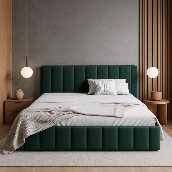 Letto Imbottito Gutto Letto Matrimoniale Zona Notte 140 X 200 Cm Griglia A Doghe In Legno Letto In Velluto Verde-image
