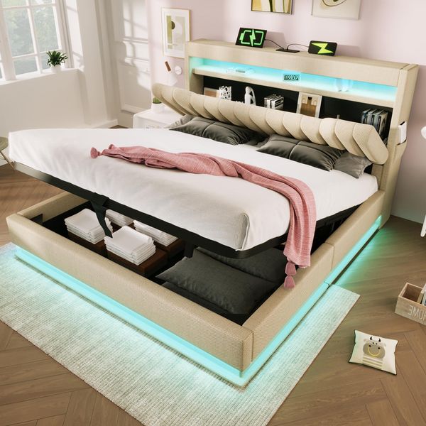 Letto Imbottito Flieks 180X200Cm Con Funzione Di Ricarica (Usb & Type-C), Letto Matrimoniale Giovanile Con Led, Letto Contenitore Letto A Molle Con Spazio Di Archiviazione, Lino, Beige-image