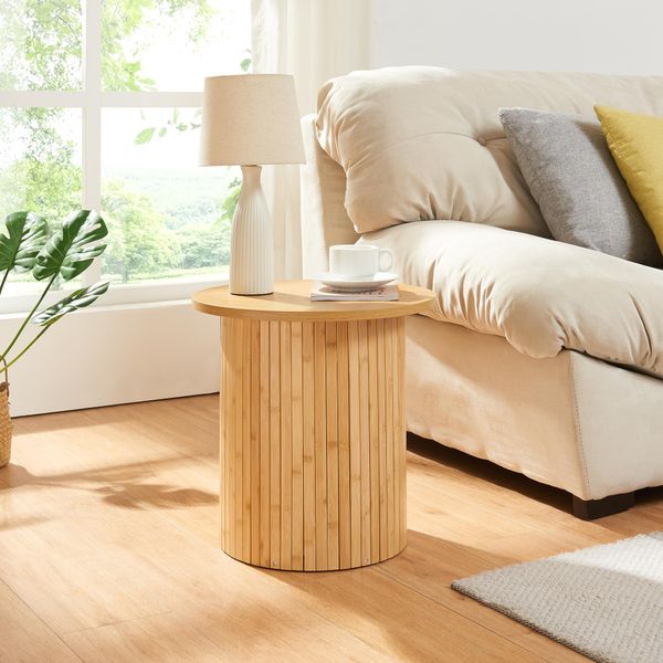 Tavolino 'Ledepid' 40 X Ø40 Cm Con Piano Sporgente In Bambù Tondo + Mdf Nature-image