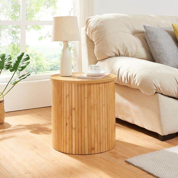 Tavolino 'Ledepid' 40 X Ø40 Cm Piano D'appoggio Con Sporgenza Discreta Rotondo Bamboo + Mdf Nature-image