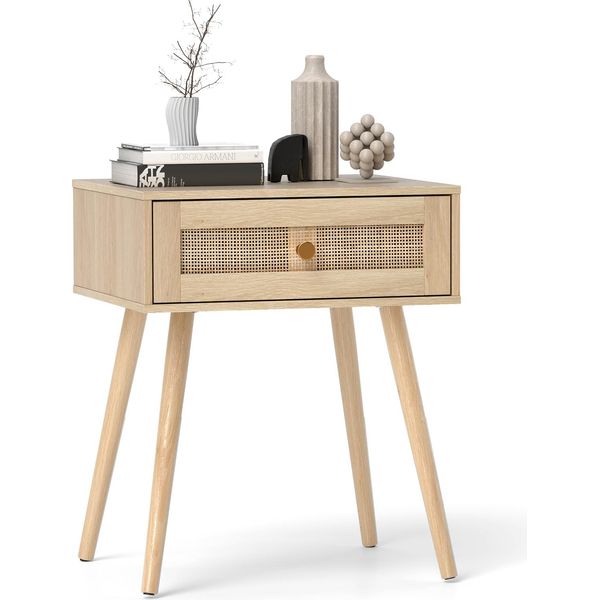 Costway Comodino In Polyrattan, Comodino Con Cassetto E Gambe In Legno Massiccio, Tavolino, Tavolino Da Divano, Console Da Letto In Stile Boho 48X40X58Cm Natura-image