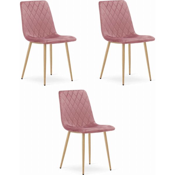 Set Di 3 Sedie Valora Turin In Velluto Rosa Con Gambe In Legno - Trio Di Sedie Da Pranzo Rosa Tenue-image
