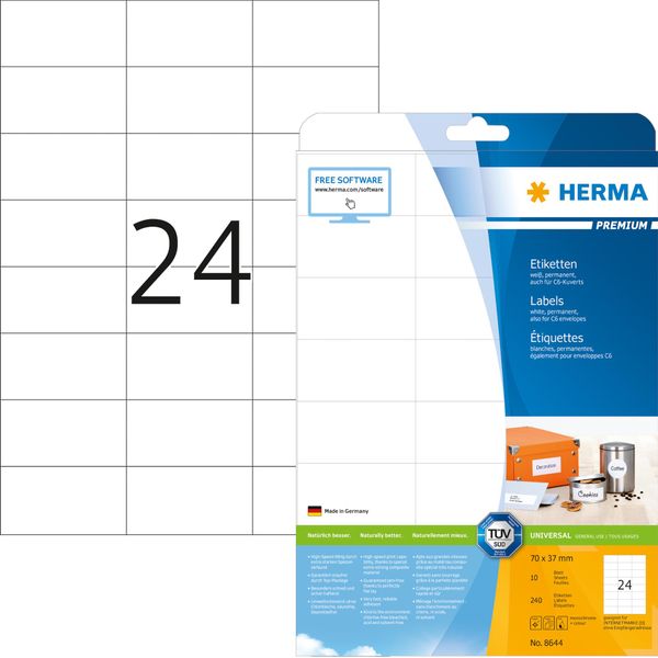 Herma Premium - Carta - Opaca - Autoadesiva Permanente - Bianca - 70 X 37 Mm 240 Etichette (10 Fogli X 24) Etichette Laminate-image