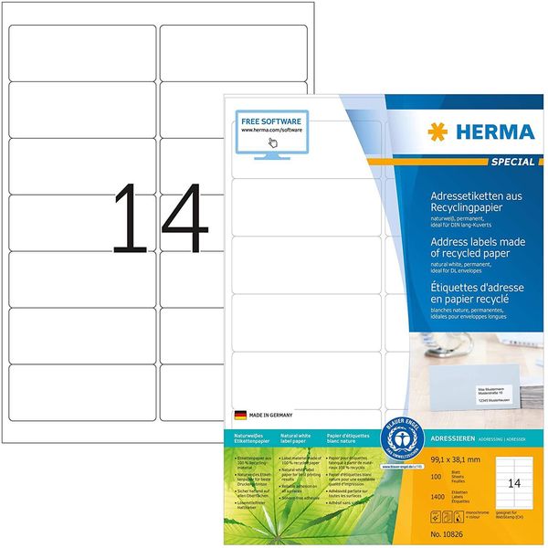 Etichette Herma A4 Bianco Naturale 99,1X38,1 Mm Carta Riciclata Opaca Con Blue Angel 1400 Pz.-image