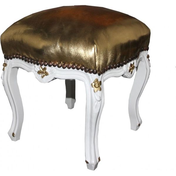 Casa Padrino Sgabello Barocco In Pelle Oro / Bianco - Mobili Antichi - Sgabello - Edizione Limitata-image