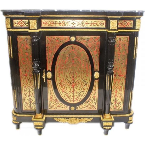 Casa Padrino Cassettone Barocco Boulle Nero/Oro/Rosso Con Piano In Marmo 130 Cm - Mobile Credenza-image