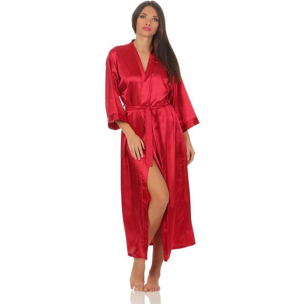 Camicia Da Notte Kimono Lunga Da Donna In Seta Vestaglia, Rosso Vino L-image