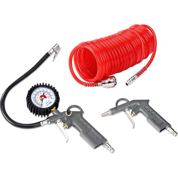 Deuba Set Di Accessori 3 Pezzi Compressore Aria Compressa Pistola Per Il Soffiaggio Manometro Tubo Spirale 5M Bloccacavo-image