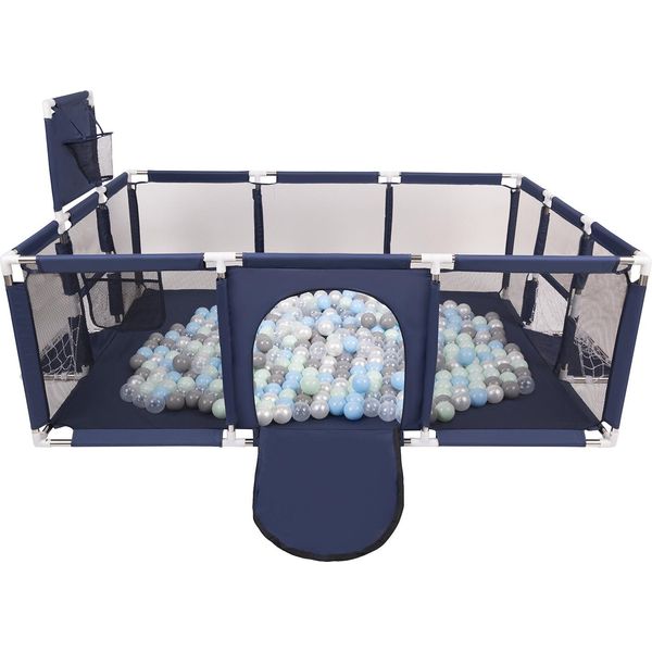 Selonis Playpen Grande Parco Giochi Con 100 Palline Playpen Per Bambini, Blu Scuro:Perla/Grigio/Trasparente/Baby Blue/Minze-image
