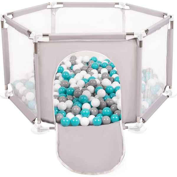 Selonis Box Esagonale Con 900 Palline Box Per Bambini, Grigio:Grigio/Bianco/Turchese-image