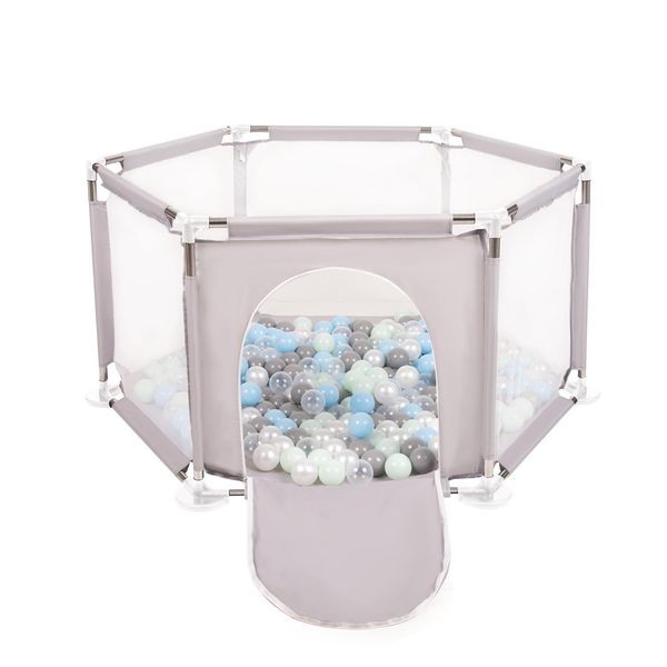 Selonis Box Esagonale Con 100 Palline Box Per Bambini, Grigio:Perla/Grigio/Trasparente/Blu Bambino/Minze-image