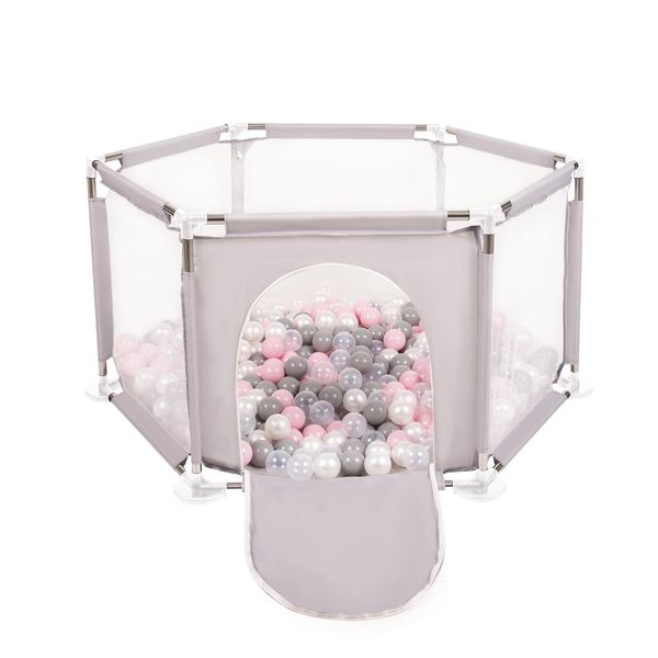 Selonis Box Esagonale Con 400 Palline Box Per Bambini, Grigio:Perla/Grigio/Trasparente/Rosa Polvere-image