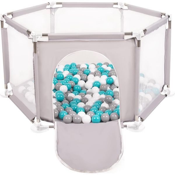 Selonis Box Esagonale Con 200 Palline Box Per Bambini, Grigio:Grigio/Bianco/Turchese-image