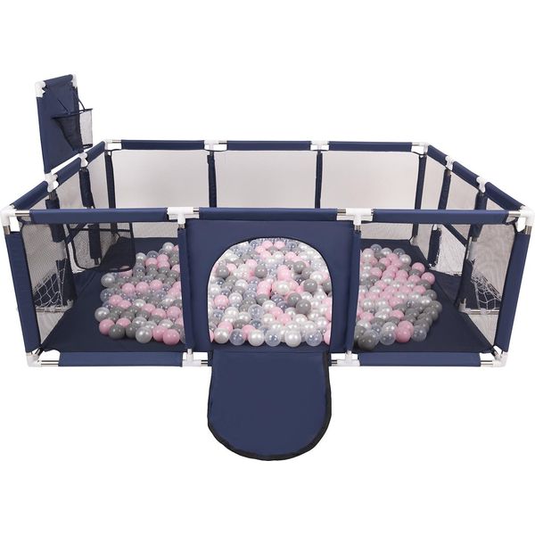 Selonis Playpen Grande Parco Giochi Con 100 Palline Playpen Per Bambini, Blu Scuro:Perla/Grigio/Trasparente/Rosa Polvere-image