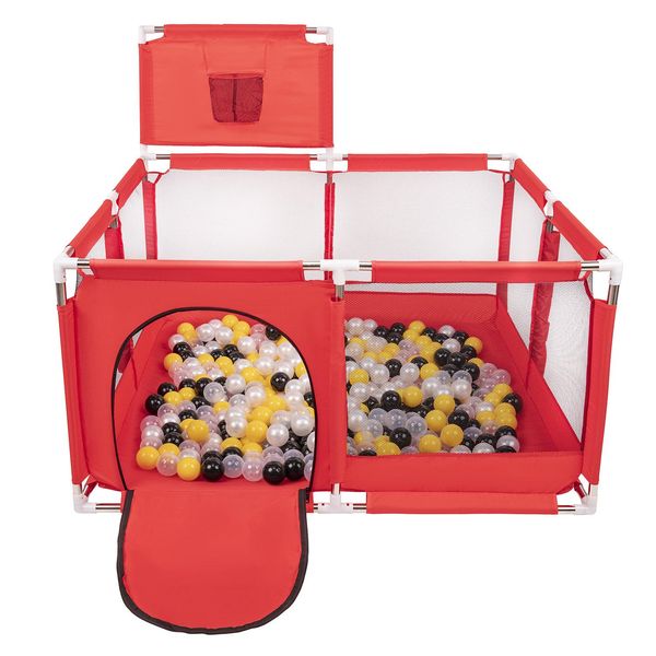 Selonis Box Con Cesto E 900 Palline Playpen Per Bambini, Rosso:Nero/Perla/Giallo/Trasparente-image