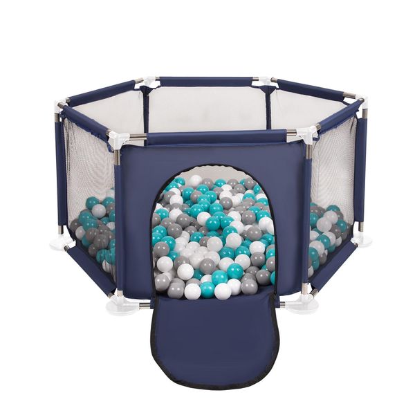 Selonis Box Esagonale Con 900 Palline Box Per Bambini, Blu:Grigio/Bianco/Turchese-image