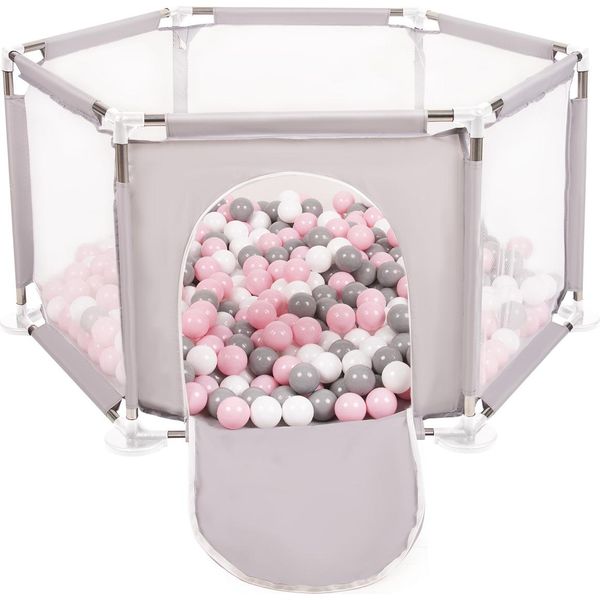 Selonis Box Esagonale Con 900 Palline Box Per Bambini, Grigio:Bianco/Grigio/Rosa Cipria-image