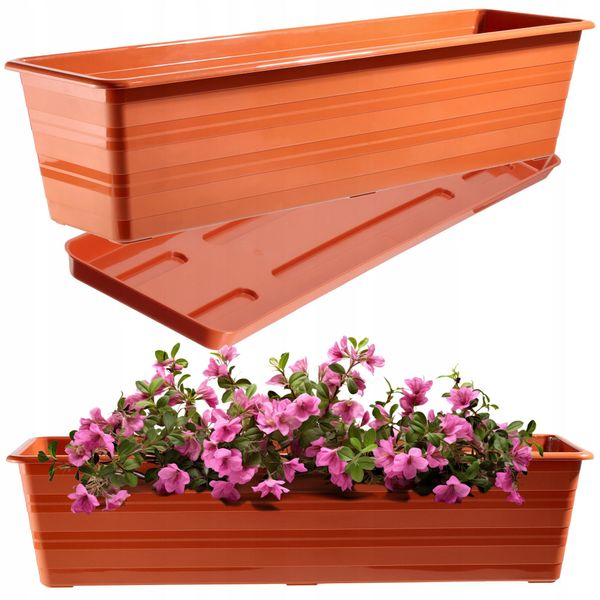 Fioriera Kadax Con Sottovaso "Cati"", In Plastica, Vaso Da Fiori Per Balcone, Terrazza, Davanzale, 60 Cm, Terracotta"-image