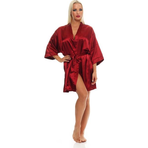 Vestaglia Da Donna A Kimono Corto In Raso; Rosso Vino L-image