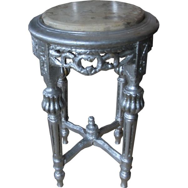 Casa Padrino Tavolino Barocco Rotondo Argento/Crema Con Piano In Marmo 32 Cm X H. 53 Cm Stile Antico-image
