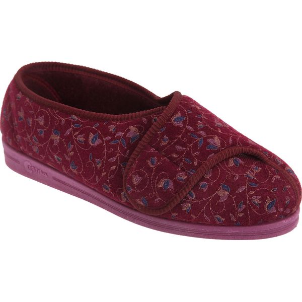 Pantofole Da Donna Comfylux Helen Con Chiusura A Velcro, Motivo Floreale, Vestibilità Extra Large DF507 (36 Eu) (Rosso Vino)-image