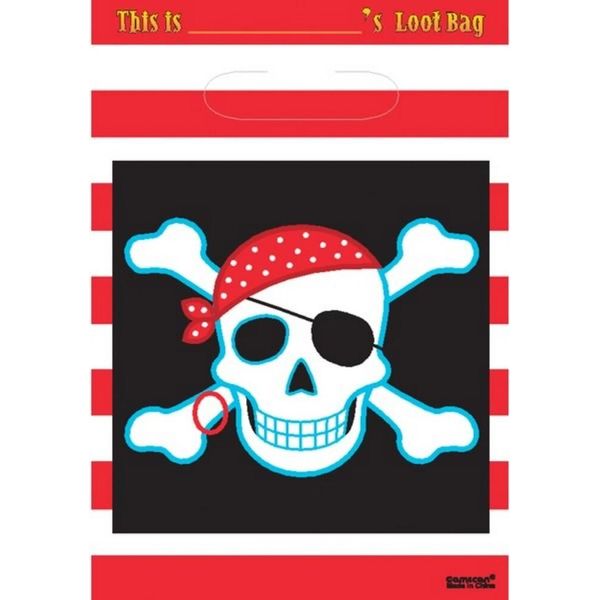 Sacchetti Per Feste Amscan Con Teschio Pirata E Ossa Incrociate, 8 Pezzi SG5714 (Taglia Unica) (Rosso/Bianco/Nero)-image