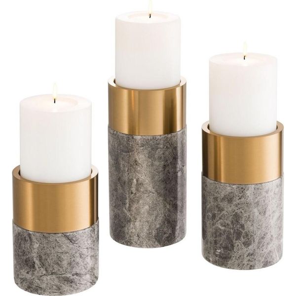 Casa Padrino Set Di Portacandele Grigio / Ottone - 3 Portacandele Rotondi In Marmo - Qualità Lusso - Accessori Decorativi-image
