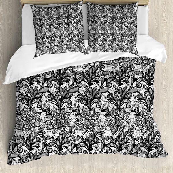 Abakuhaus Copripiumino, Stile Vintage In Pizzo Gotico, Antiacaro E Anallergico, Con Federe, 200 Cm X 200 Cm - 80 X 80 Cm, Bianco E Nero-image