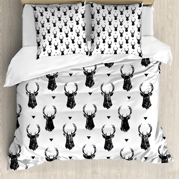 Abakuhaus Copripiumino Hirsch, Testa Di Animale Monocromatica, Antiacaro, Adatto A Chi Soffre Di Allergie, Con Federe, 155 Cm X 220 Cm - 80 X 80 Cm, Bianco E Nero-image