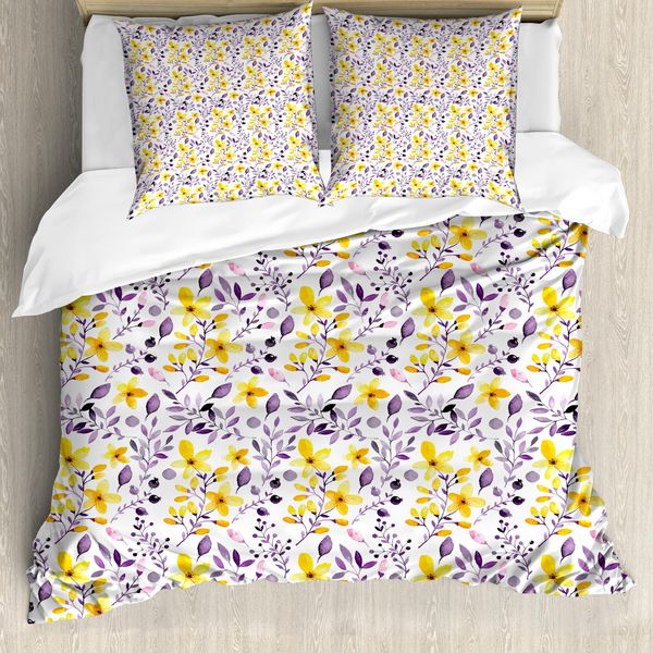 Abakuhaus Copripiumino Acquerello, Fiori Selvatici Gialli, Antiacaro, Adatto A Chi Soffre Di Allergie, Con Federe, 155 Cm X 220 Cm - 80 X 80 Cm, Giallo, Viola, Bianco-image