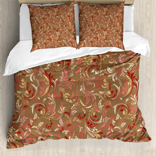 Abakuhaus Set Copripiumino Rosso E Marrone Per Letti Matrimoniali, Foglie Vittoriane, Antiacaro, Adatto A Chi Soffre Di Allergie, Con Federe, Multicolore-image