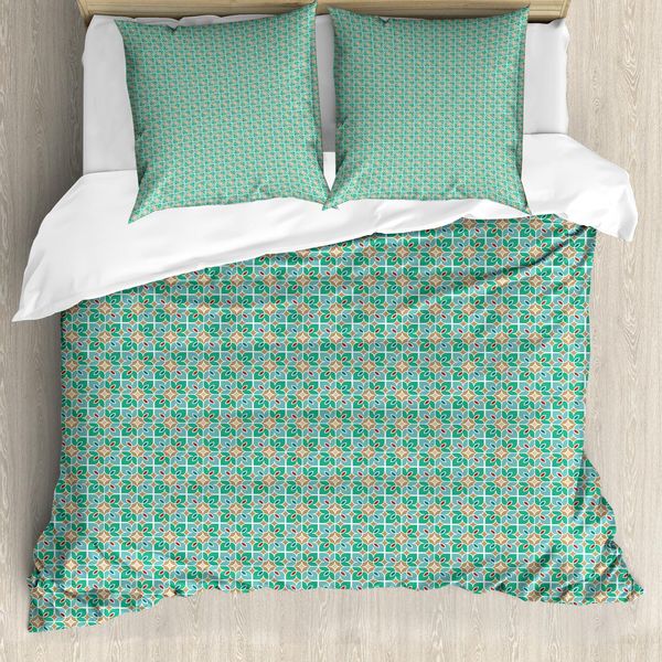 Abakuhaus Copripiumino Verde Acqua E Bianco, Motivo Floreale Marocchino, Antiacaro, Adatto A Chi Soffre Di Allergie, Con Federe, 155 Cm X 220 Cm - 80 X 80 Cm, Multicolore-image