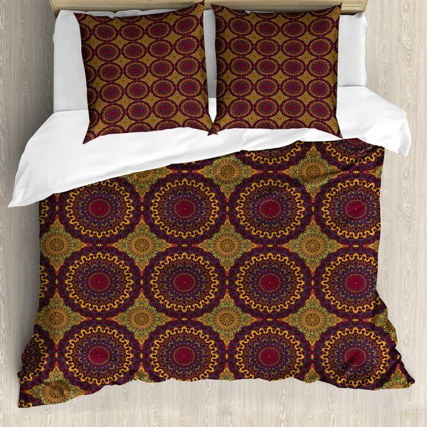 Abakuhaus Copripiumino Marocchino, Tribal Art Mandala, Antiacaro, Adatto A Chi Soffre Di Allergie, Con Federe, 200 Cm X 200 Cm - 80 X 80 Cm, Prugna Petrolio Blu Giallo-image