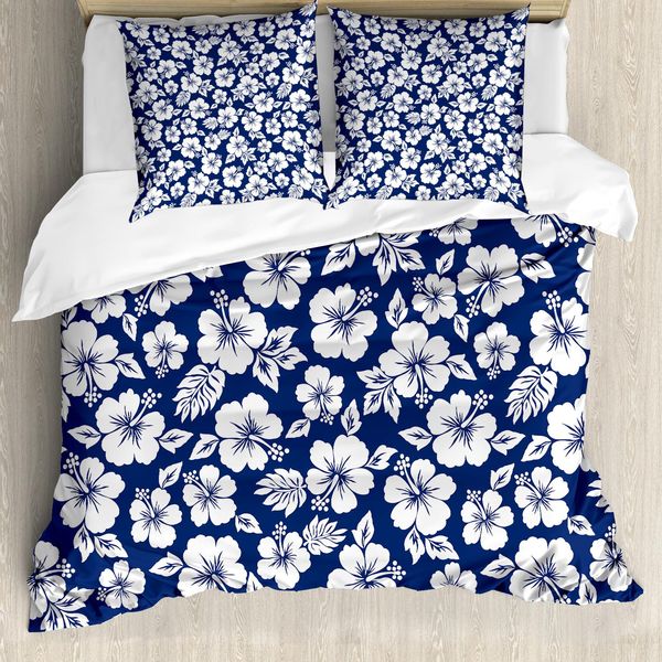Abakuhaus Copripiumino Hawaii, Fiore Di Ibisco, Antiacaro, Adatto A Chi Soffre Di Allergie, Con Federe, 200 Cm X 200 Cm - 80 X 80 Cm, Blu Navy-Bianco-image