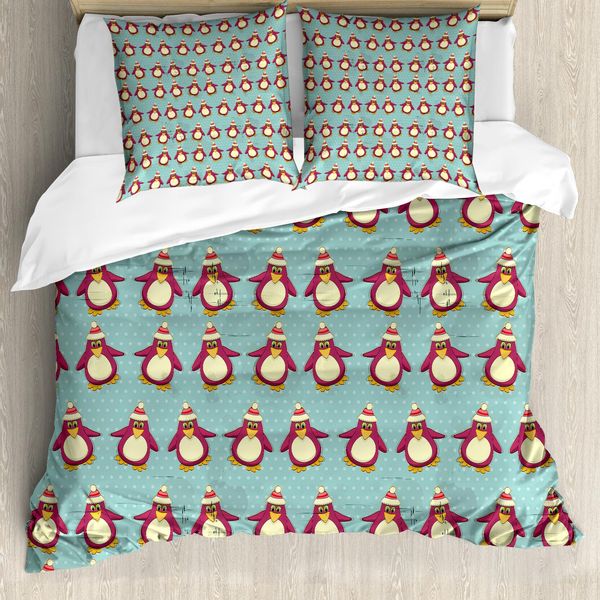 Abakuhaus Copripiumino Natalizio, Simpatici Pinguini Artici, Antiacaro, Adatto A Chi Soffre Di Allergie, Con Federe, 155 Cm X 220 Cm - 80 X 80 Cm, Multicolore-image